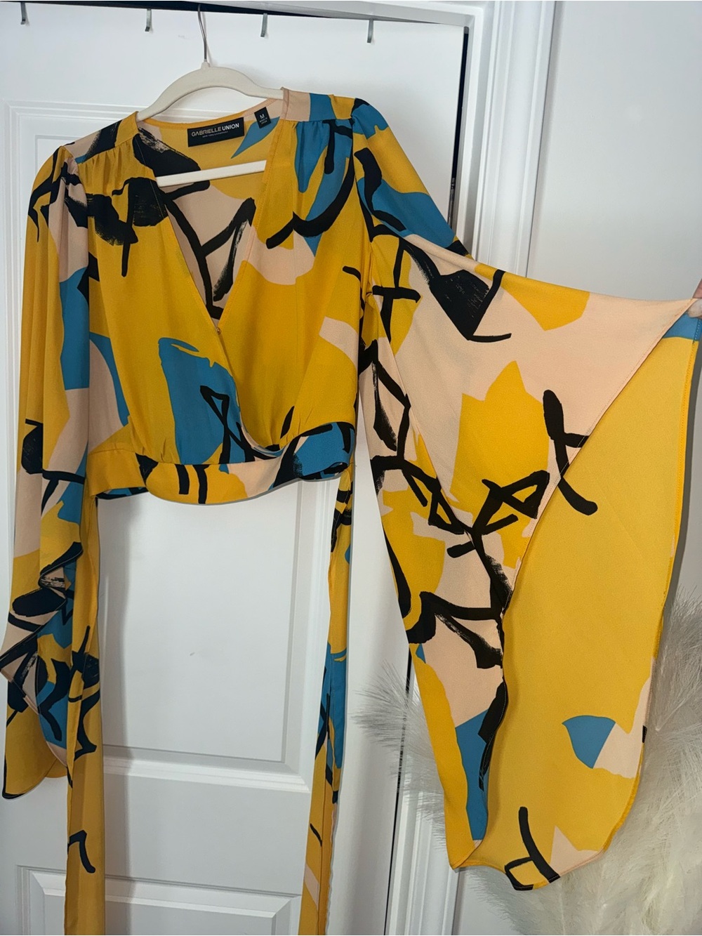 Gabrielle Union Mustard Abstract Print Wrap Blouse - Picture 3 of 5
